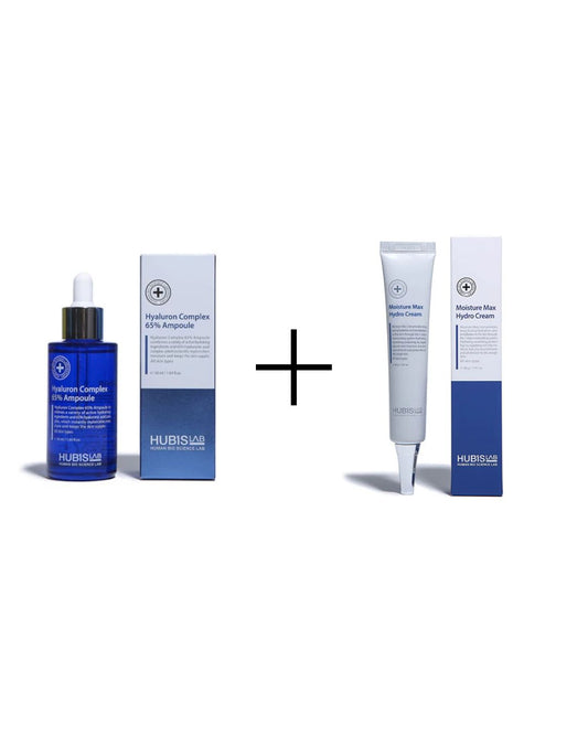 RIBOTAS PASIŪLYMAS!!! HUBISLAB 65% HIALURONO RŪGŠTIES SERUMAS, 50 ml + HUBISLAB MOISTURE MAX HYDRO DRĖKINAMASIS VEIDO KREMAS, 40 G