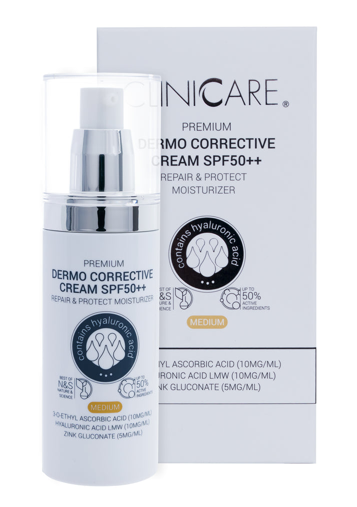 CLINICARE KOREGUOJAMASIS KREMAS SPF50++ SU SPALVA, MEDIUM, 100ML